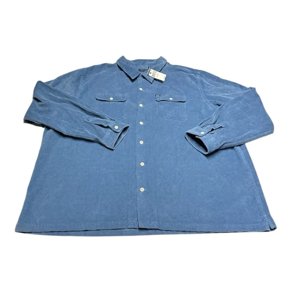 Polo Ralph Lauren Shirt Mens 4XLT Blue Corduroy Western Button‎ Up Camp Pockets